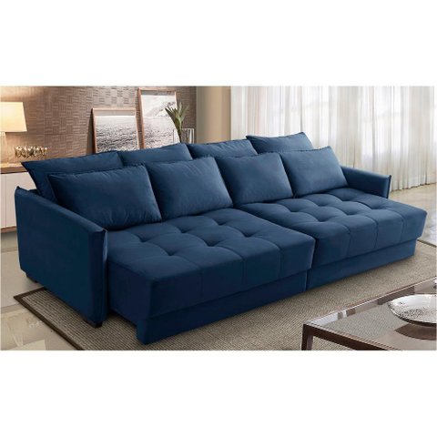 Sofá Cama Retrátil e Reclinável 2,50m com Molas Carol Veludo Azul Adonai Estofados