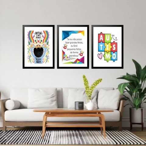 Kit 3 Quadros Grandes Autismo 60x48cm:moldura Branca