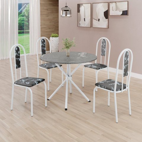 Conjunto Sala de Jantar Mesa Redonda 70cm Tampo Granito Topázio 4 Cadeiras Linda Yescasa Branco/Preto Floral