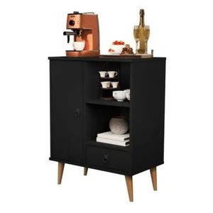 Aparador Buffet Sala com Porta 1 Gaveta Pés Palito Retrô Tip Top - Preto