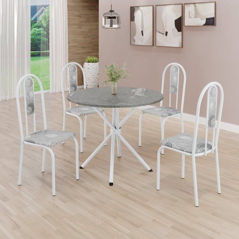 Conjunto Sala de Jantar Mesa Redonda 70cm Tampo Granito Topázio 4 Cadeiras Linda Yescasa Branco/Paraopeba