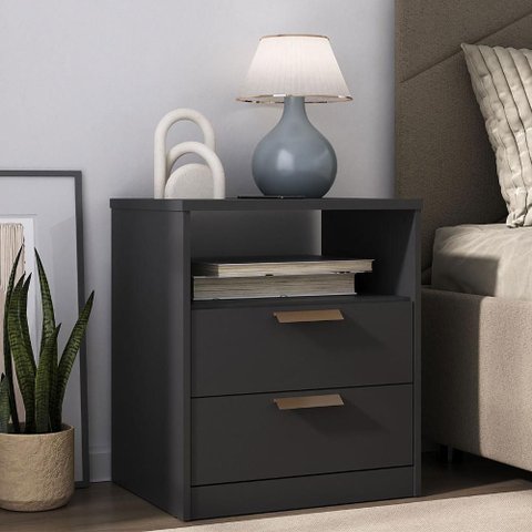 Mesa Cabeceira Quarto 56,7cm com 2 Gavetas e Nicho 100% Mdf Cor:grafitto