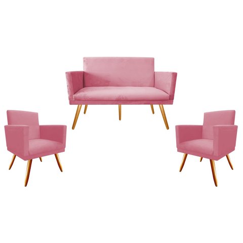 Kit Namoradeira + 2 Poltronas Decorativa Nina Suede Rosa Pés Madeira Mz Decor
