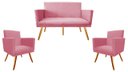 Ver imagem 1 de Kit Namoradeira + 2 Poltronas Decorativa Nina Suede Rosa Pés Madeira Mz Decor