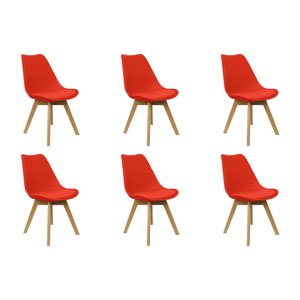 Kit 6 Cadeiras Charles Eames Leda Luisa Saarinen Design Wood Estofada Base Madeira - Vermelha