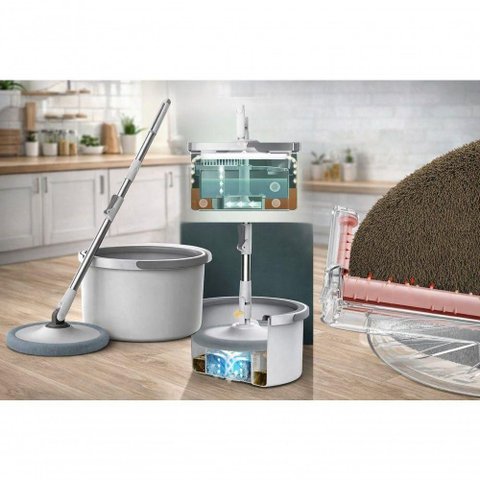 Mop com Balde e 2 Refis Branco Metal Plástico Tecido Sistema Giratório Multiuso Limpeza Top Rio