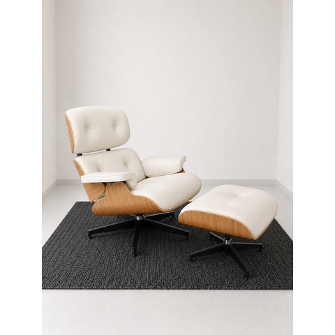 Poltrona Charles Eames com Puff - Freijó em Couro Branco