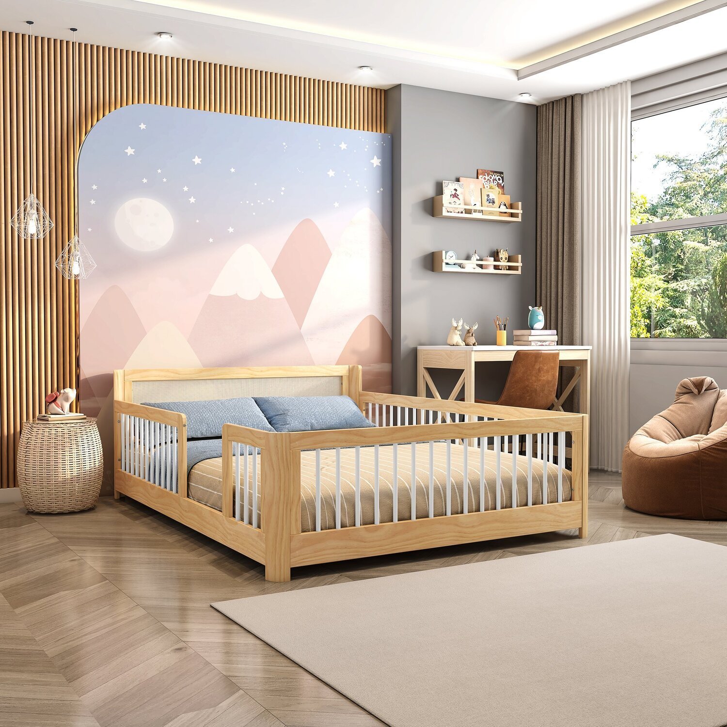 Cama Infantil Casal Montessoriano Wave com Rattan Casatema - 5