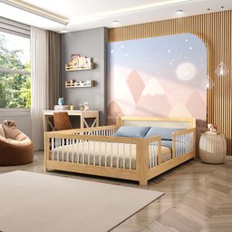 Cama Infantil Casal Montessoriano Wave com Rattan Casatema - 1