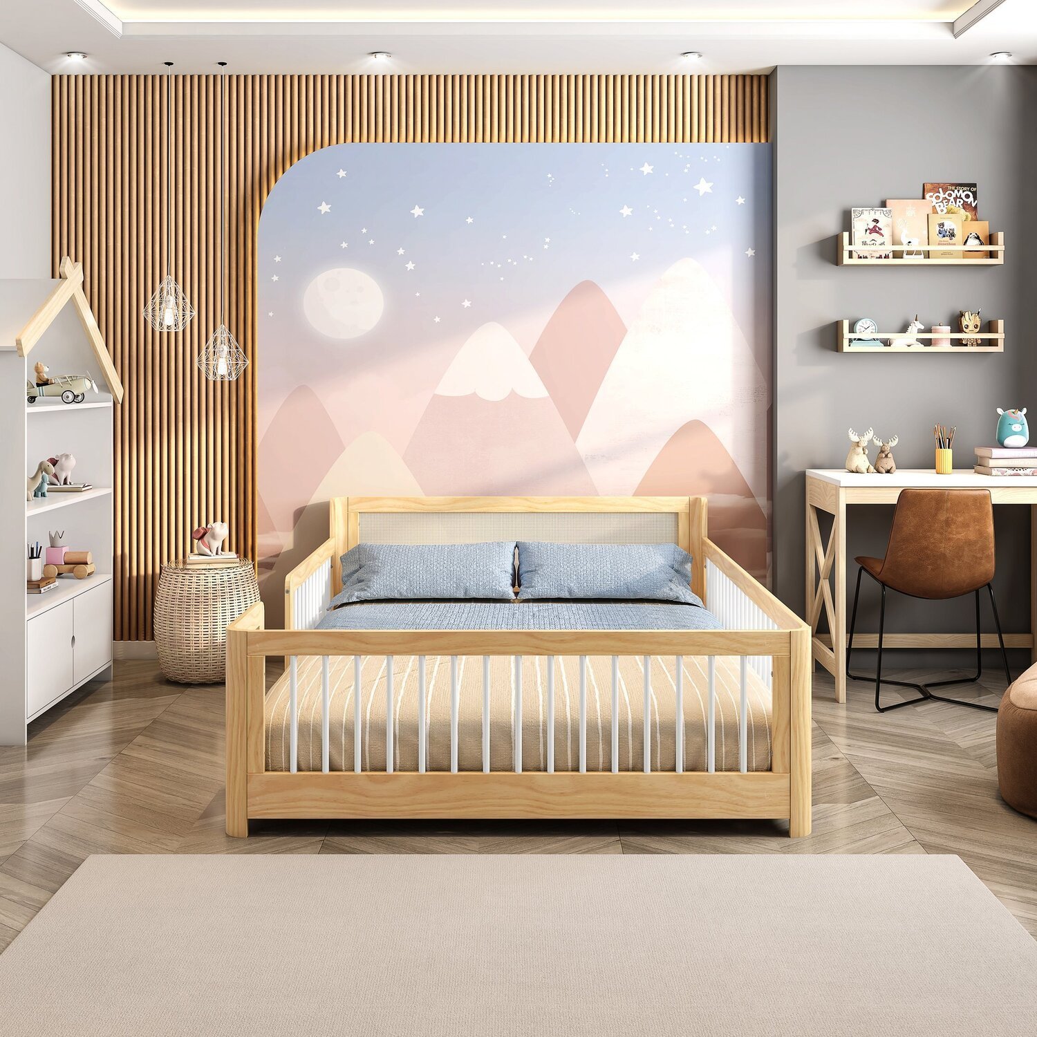 Cama Infantil Casal Montessoriano Wave com Rattan Casatema - 4