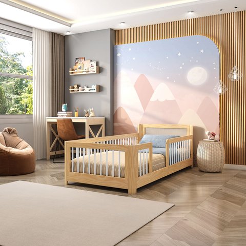 Cama Infantil Solteiro Montessoriano Wave com Rattan Casatema MadeiraOriginals