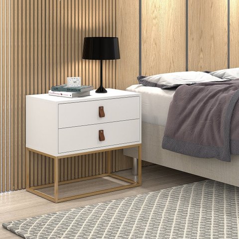 Mesa de Cabeceira Branco Unic 60 Estilo Industrial Puxador de Couro Base Ferro Dourada