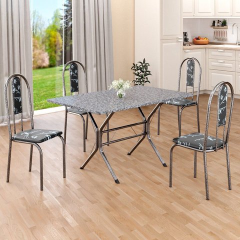 Conjunto Sala de Jantar Mesa Retangular 100x60cm Tampo Granito Ocre 4 Cadeiras Linda Yescasa Prata/Preto Floral