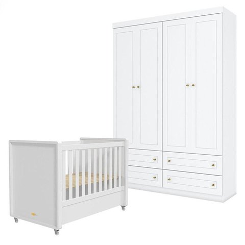 Berço Tutto New e Guarda Roupa 4 Portas Americano Branco Fosco - Matic