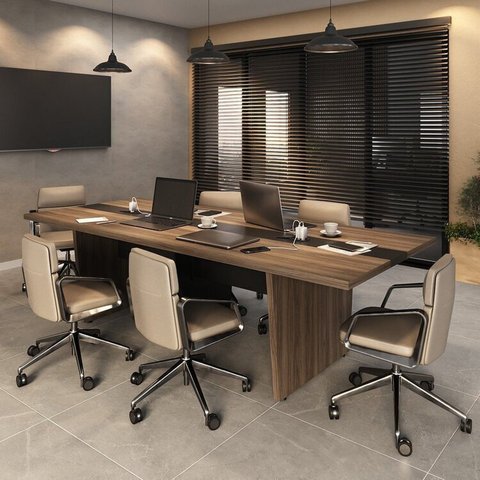 Mesa Reunião Escritório 6 Lugares com Caixa de Tomada, Tampo Engrossurado 50mm Marrom/Nogal/Preto Artany