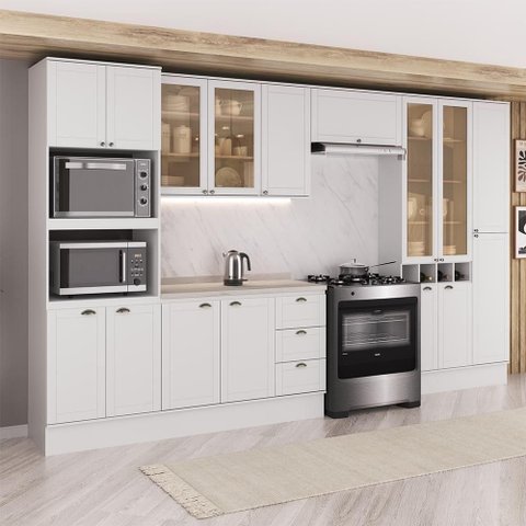 Cozinha Milla Plaza 16 Portas 3 Gavetas MDF 380cm Branca Móveis Carraro