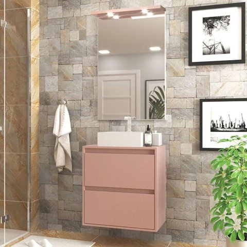 Gabinete para Banheiro com Cuba e Espelheira com Led 60cm Mdf Rosa Dubai - On Móveis