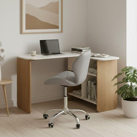 Conjunto Mesa Nomad com Cadeira Escritório Vegas Base Giratória Estofada Cinza