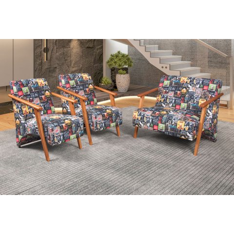 Conjunto Venus Braços em Madeira Maciça 1 Namoradeira 2 Poltronas Estampada Unidecor Retro Bar 107