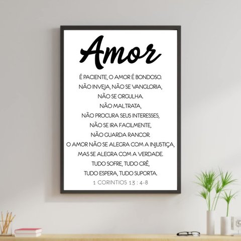 Quadro O Amor é Paciente 24x18cm - com vidro:Madeira preta