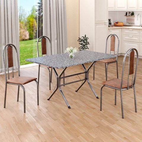 Conjunto Sala de Jantar Mesa Retangular 120x75cm Tampo Granito Ocre 4 Cadeiras Linda Yescasa Prata/Marrom