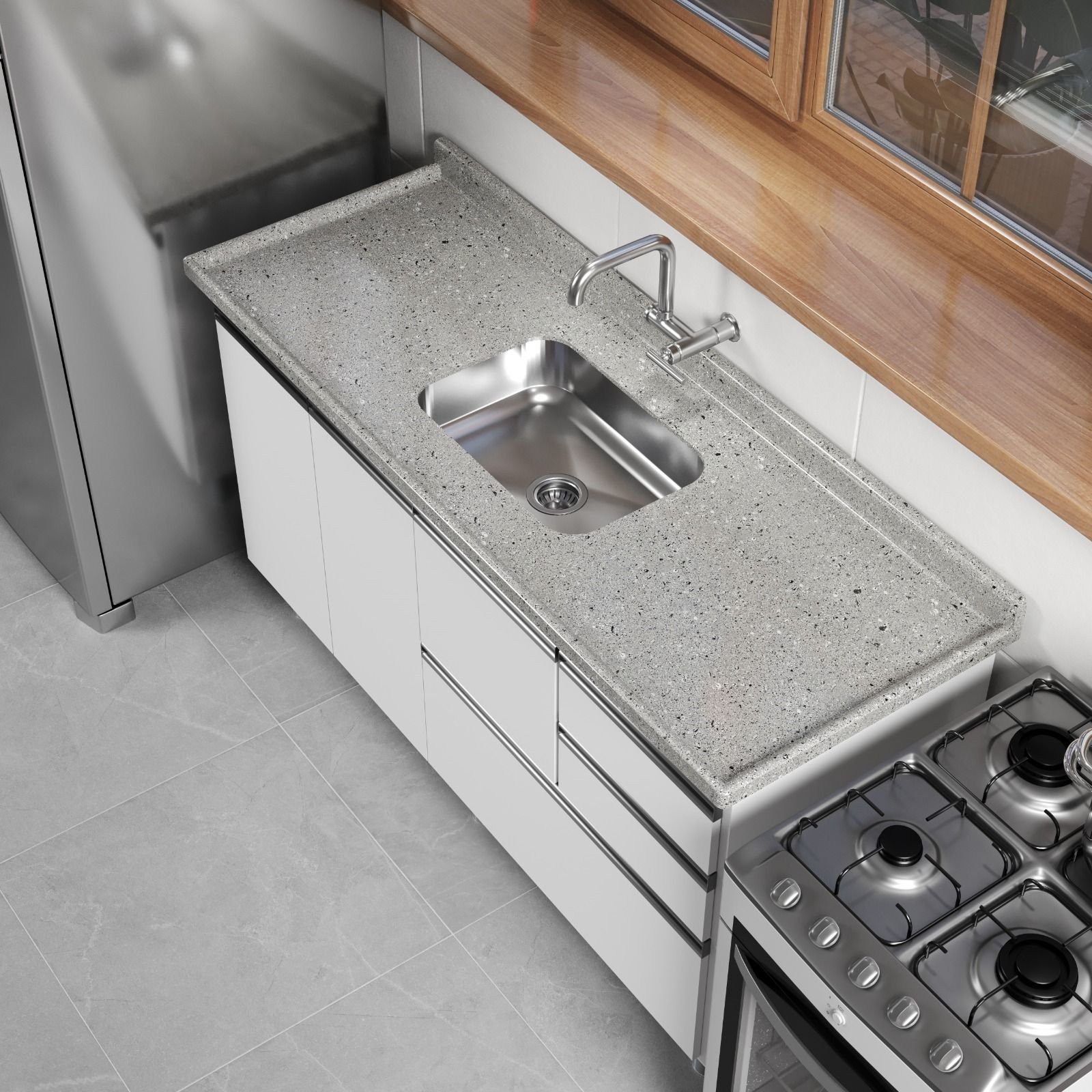 Pia Para Cozinha Em Mármore Sintético Com Cuba Em Aço Inox 199cmx55cm - 3