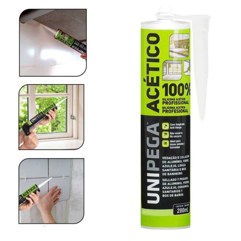 Silicone Acético 100% Profissional Vedação Colagem Veda Pia Box Banheiro Preto 280ml Unipega