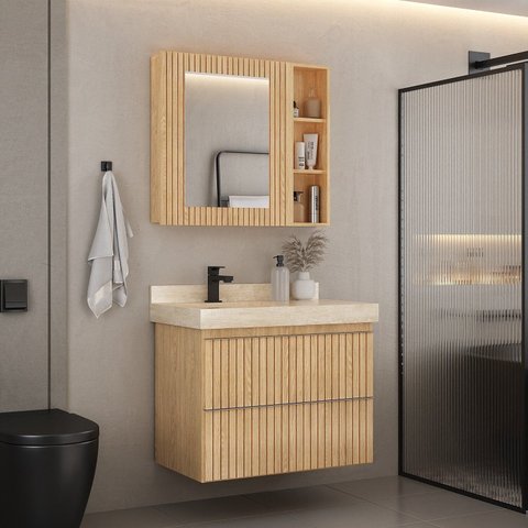 Gabinete para Banheiro Suspenso Ripy 80cm sem Lavatório Bege/Wood