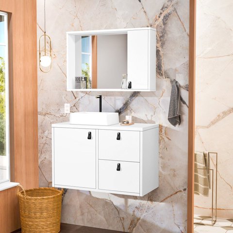 Conjunto Gabinete para Banheiro com Cuba Sobrepor e Espelheira Toro 80 cm Branco