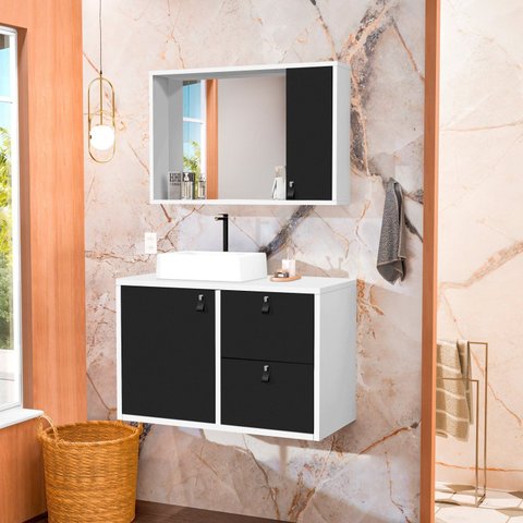 Conjunto Gabinete para Banheiro com Cuba Sobrepor e Espelheira Toro 80 cm Branco/Preto