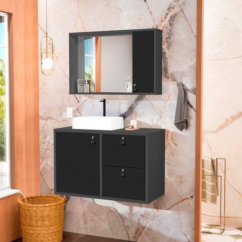 Conjunto Gabinete para Banheiro com Cuba Sobrepor e Espelheira Toro 80 cm Cinza/Grafite/Preto