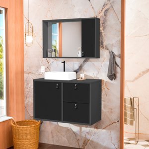 Conjunto Gabinete para Banheiro com Cuba Sobrepor e Espelheira Toro 80 Cm