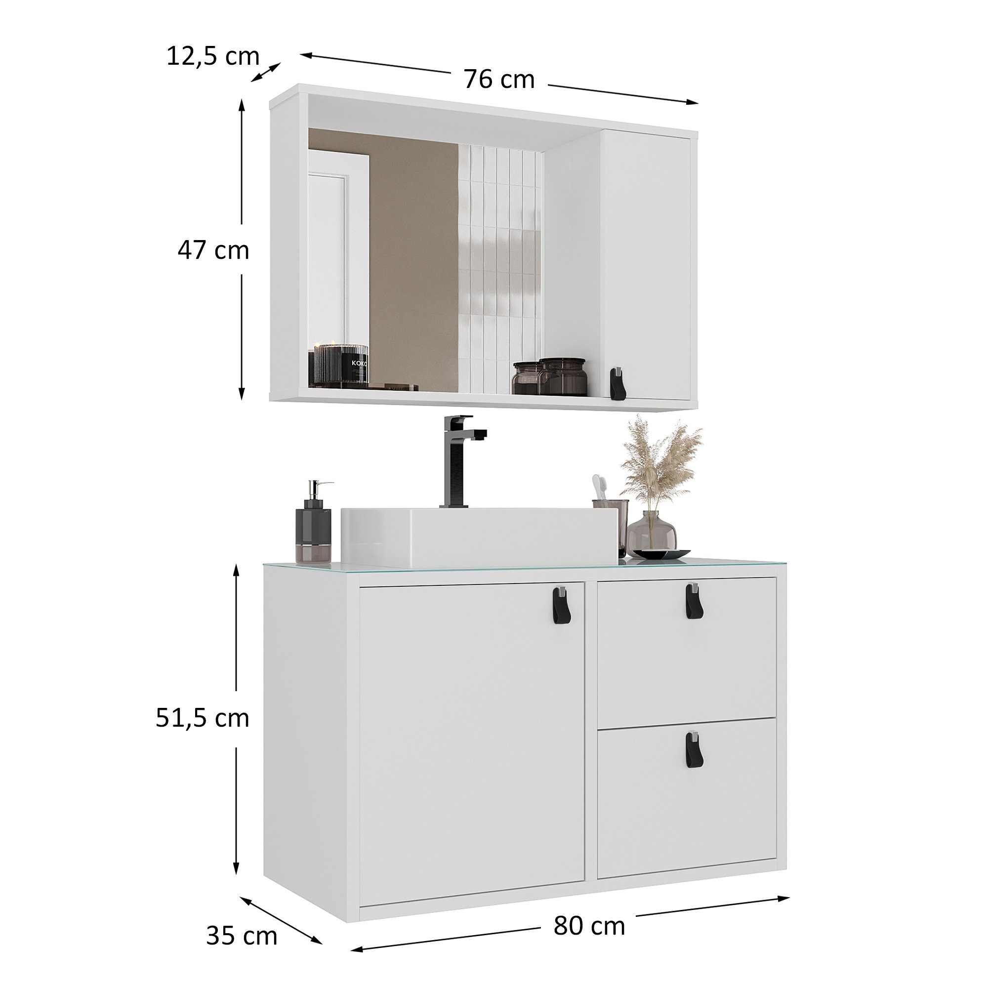 Conjunto completo para Banheiro com Tampo de Vidro, Gabinete Suspenso, Cuba de Sobrepor e Espelheira Toro 80cm - 5