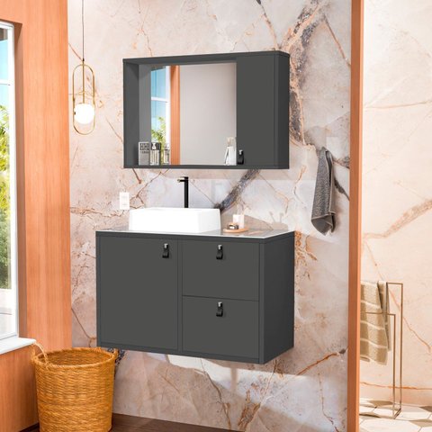 Conjunto Gabinete para Banheiro com Cuba Sobrepor, Tampo de Vidro e Espelheira Toro 80cm Cinza/Grafite