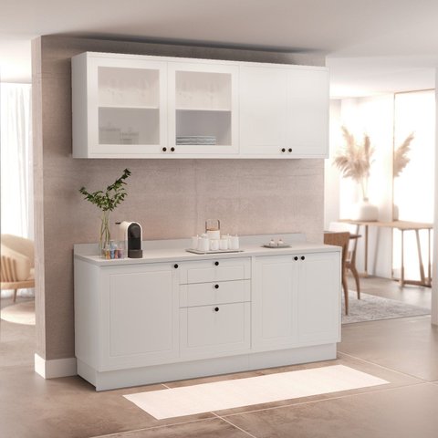Cozinha Compacta Modulada 7 Portas 3 Gavetas 100% MDF 2 Tampos Sevilha Branco/Artico