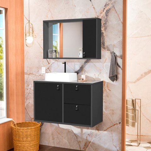 Conjunto Gabinete para Banheiro com Cuba Sobrepor, Tampo de Vidro e Espelheira Toro 80cm Cinza/Grafite/Preto