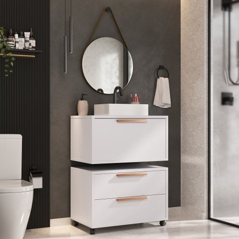 Conjunto Gabinete para Banheiro com Rodizio, com Cuba de Sobrepor e Espelho Kyoto 60cm Branco