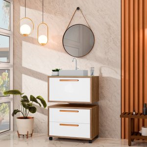 Conjunto Gabinete para Banheiro com Rodizio, tampo de vidro, Cuba de sobrepor e Espelho Kyoto 60 cm