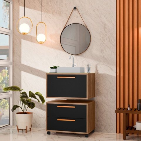 Conjunto Gabinete para Banheiro com Rodizio, Tampo de Vidro, Cuba de Sobrepor e Espelho Kyoto 60 cm Preto/Avelato