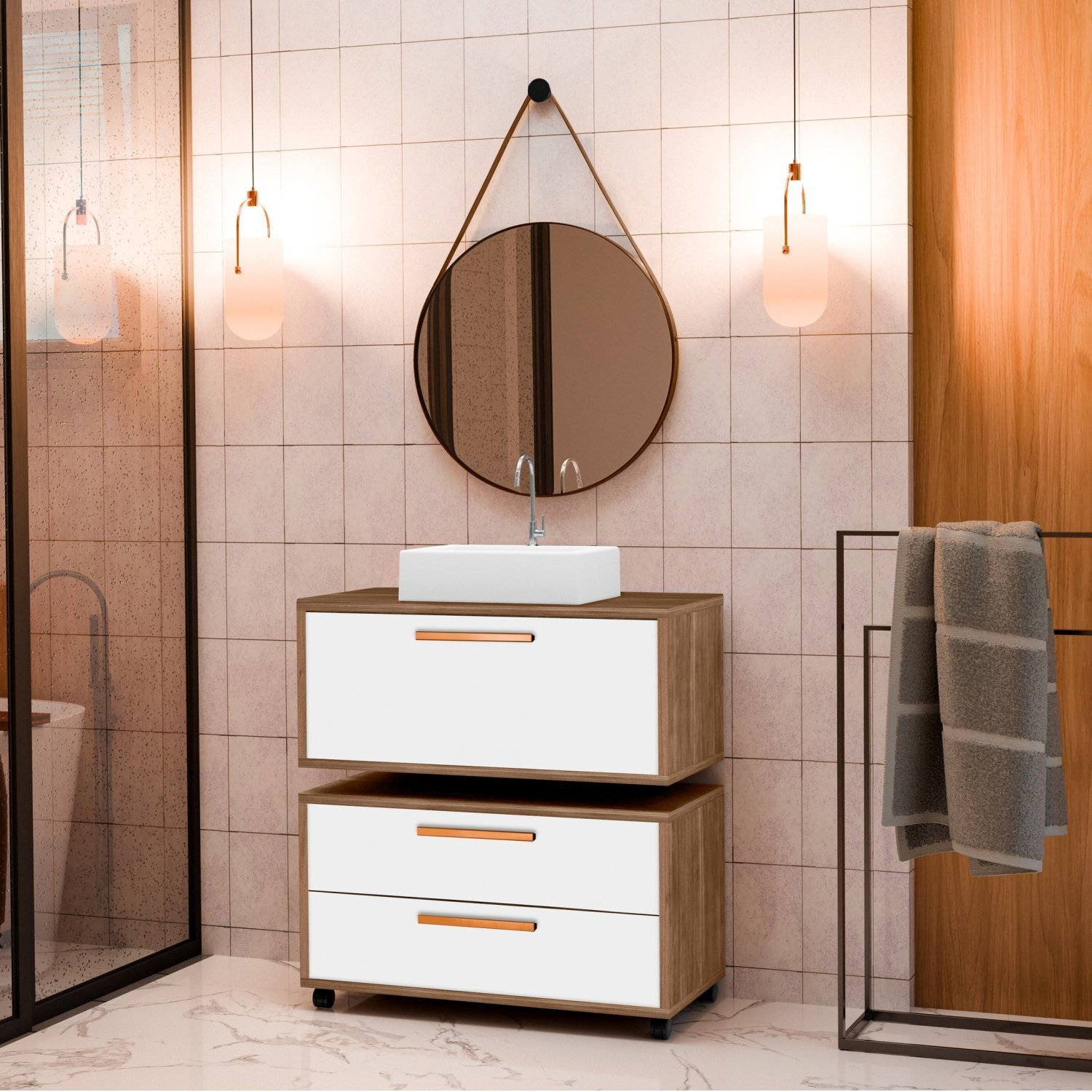 Gabinete para Banheiro com Rodízio, com Cuba de sobrepor e Espelho Kyoto 80 cm