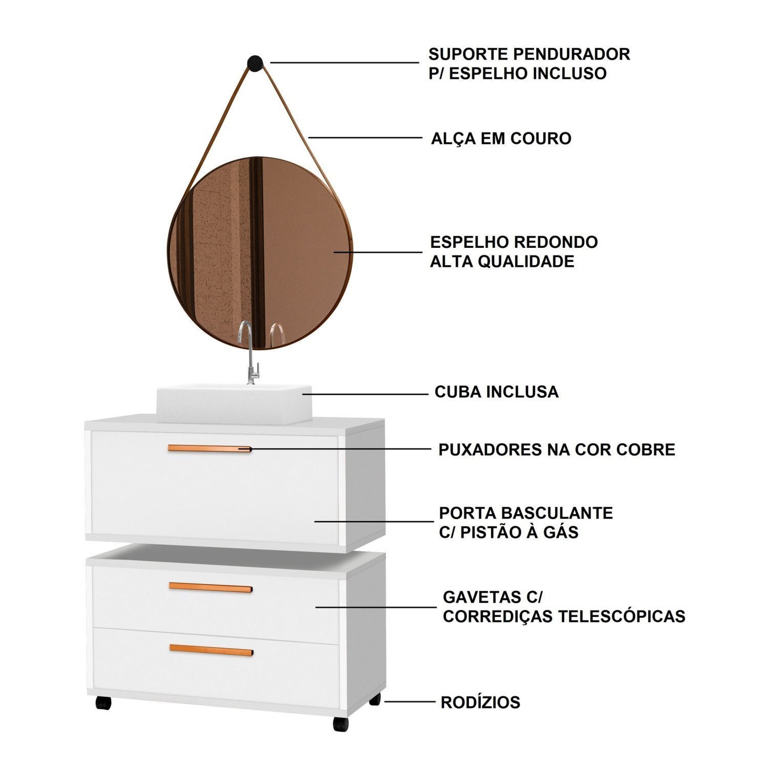 Gabinete para Banheiro com Rodízio com Cuba de sobrepor e Espelho Kyoto 80 cm - 5