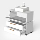 Ver imagem 2 de Conjunto Gabinete para Banheiro com Rodizio, tampo de vidro, Cuba de sobrepor e Espelho Kyoto 80 cm