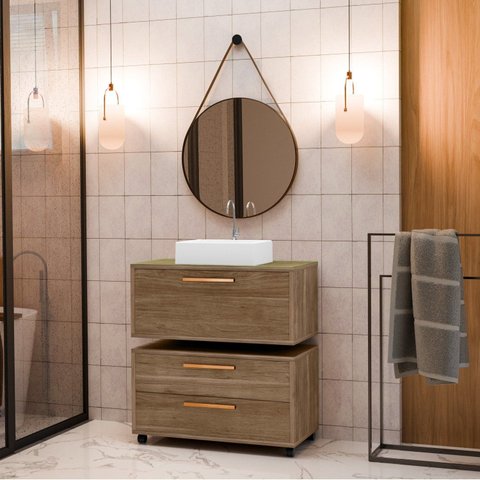 Conjunto Gabinete para Banheiro com Rodizio, Tampo de Vidro, Cuba de Sobrepor e Espelho Kyoto 80 cm Marrom/Avelato
