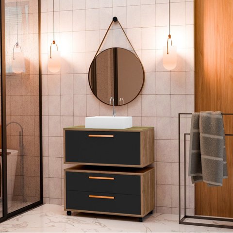 Conjunto Gabinete para Banheiro com Rodizio, Tampo de Vidro, Cuba de Sobrepor e Espelho Kyoto 80 cm Preto/Avelato