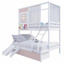 Ver imagem 2 de Beliche Casinha Reta Casal/ Solteiro 02 Gavetas Rosa Escorregador e Cortina Madeira Maciça Branco/