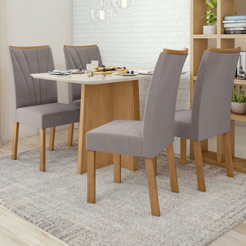 Conjunto Sala de Jantar 4 Lugares Retangular Tampo Vidro/MDF 120cm Mesa Celebrare Cadeiras Apogeu Marrom Amêndoa Clean/Off White/ Capuccino