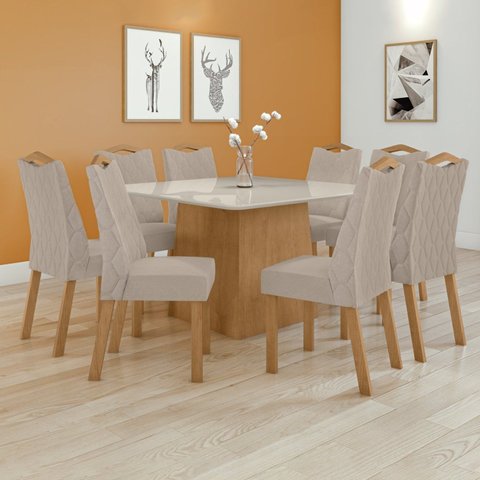 Conjunto Mesa 130cm Nevada com Vidro Plus com 8 Cadeiras Venus Bege Amêndoa Clean/Off White/Creme