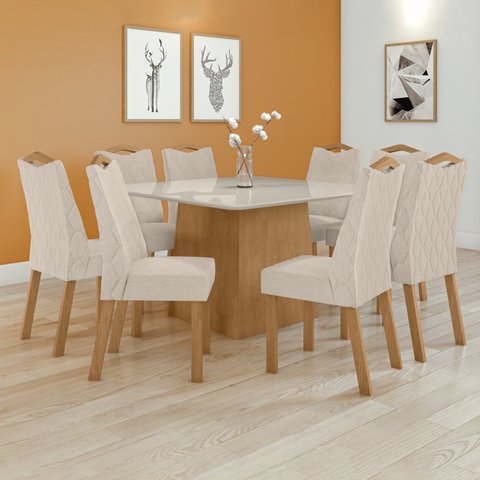 Conjunto Mesa 130cm Nevada com Vidro Plus com 8 Cadeiras Venus Bege Amêndoa Clean/Off White/Bege