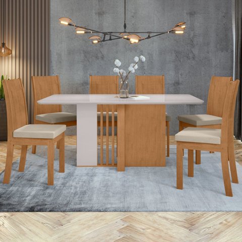 Conjunto Sala de Jantar 6 Lugares Retangular Tampo Vidro/MDF Mesa Astrid com Cadeiras Athenas Marrom Amêndoa Clean/Off White/ Creme
