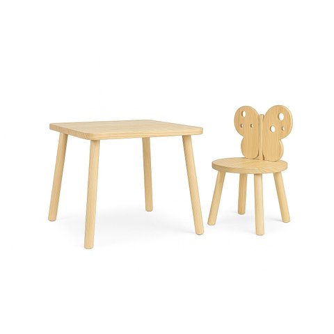 Mesa e 1 Cadeira Infantil Borboleta – Madeira Pinus Natural